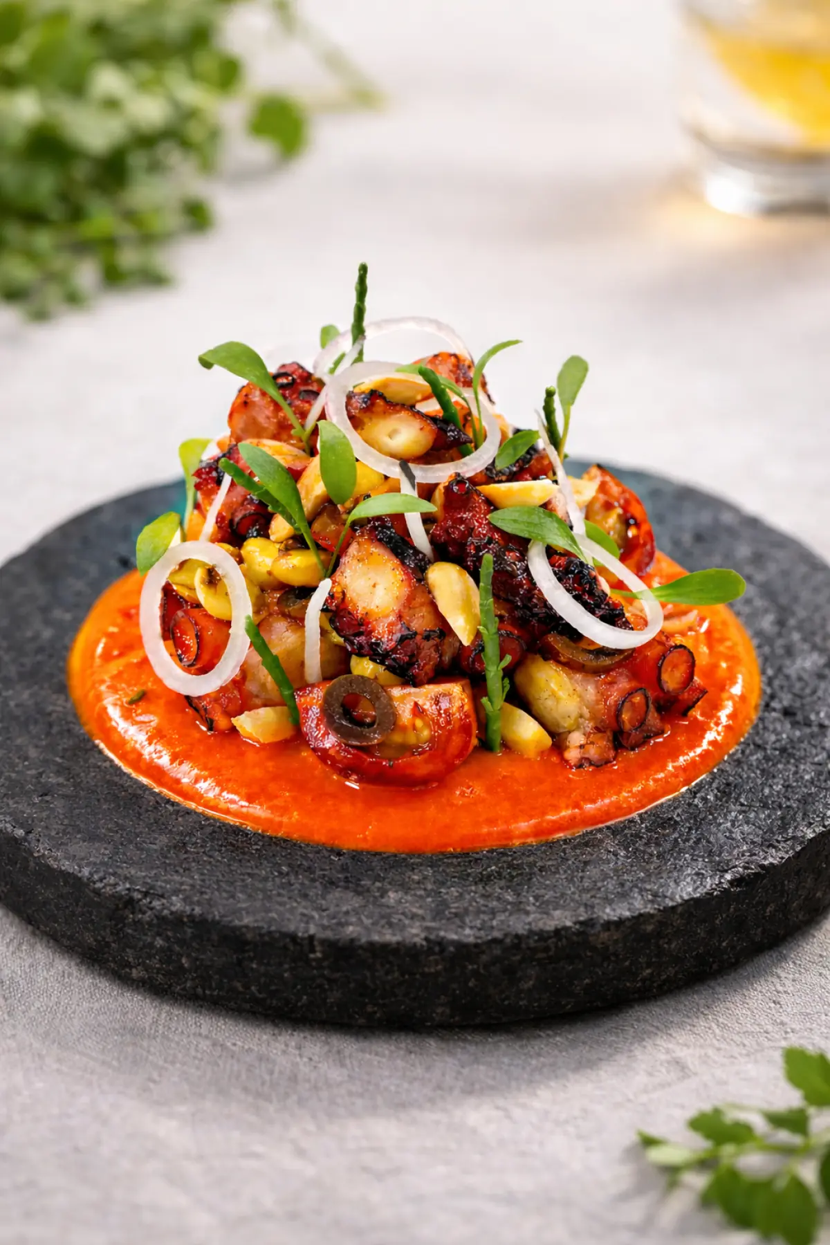 Chef Gyan’s Coastal Canvas Suvi Octopus with Romesco Sauce & A Bloody Mary - Inspired Ceviche
