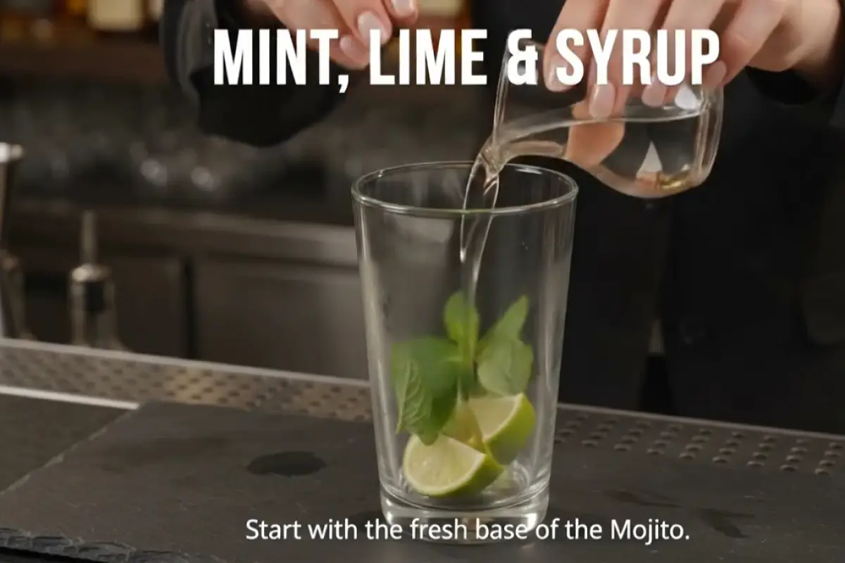 Add mint leaves, lime wedges, and sugar syrup into a chilled highball glass.