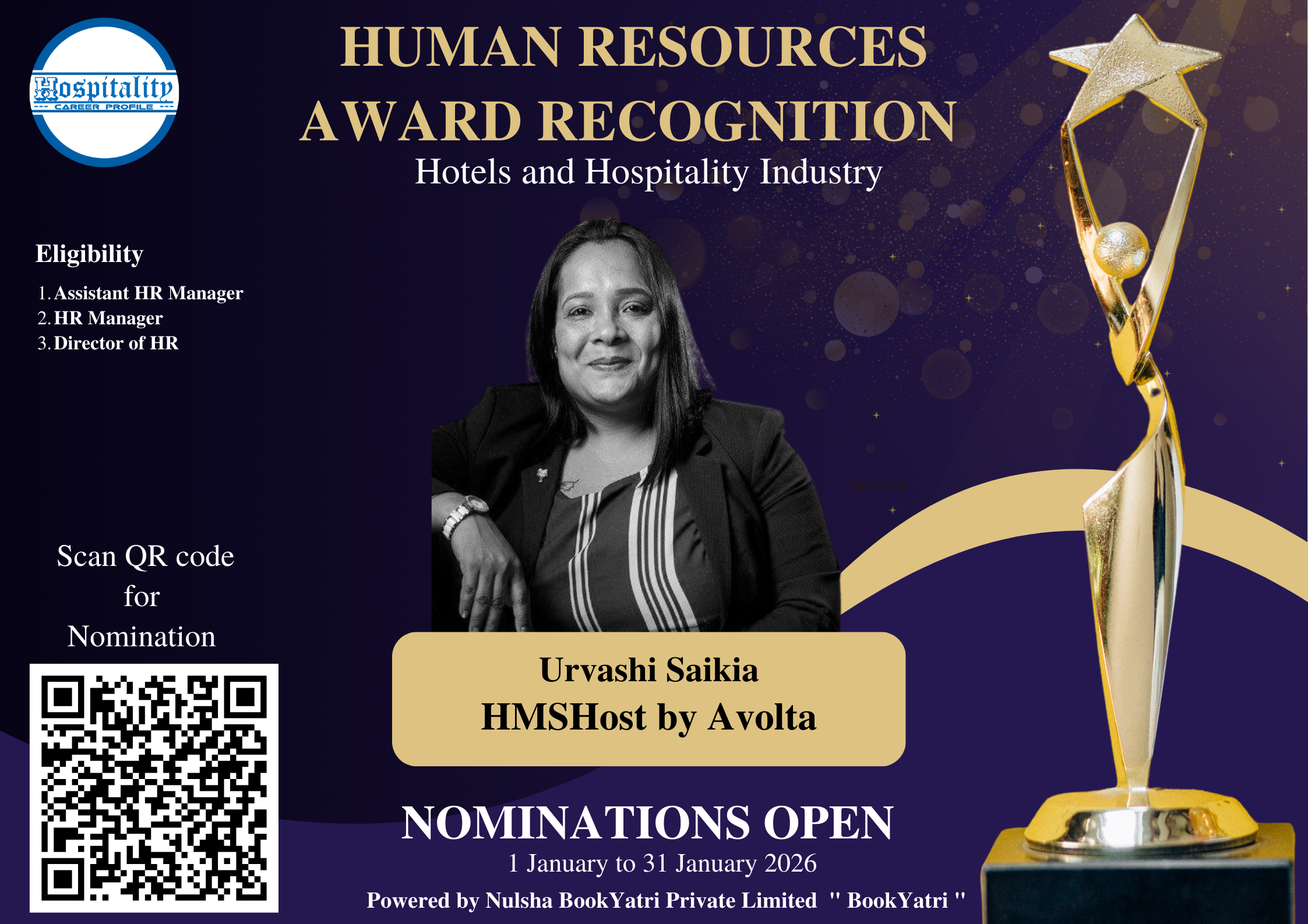 Urvashi Saikia, Senior HR & Learning and Development Leader at HMSHost International, is nominated for the HCP HR Award 2026.