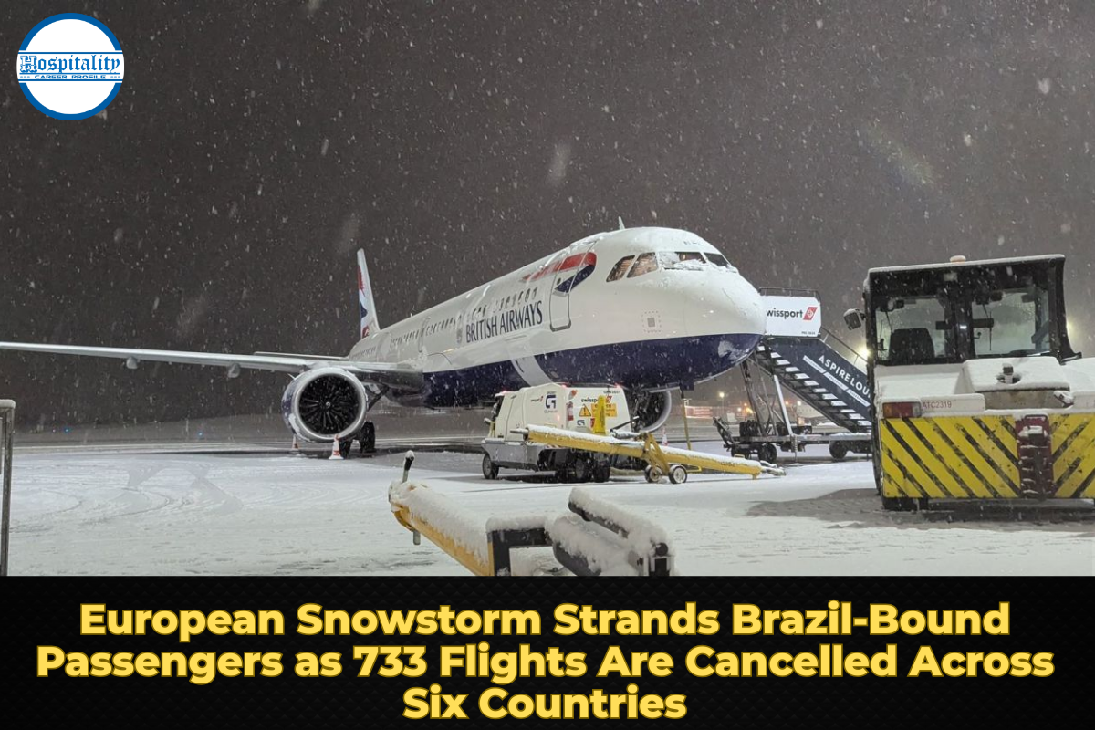 Heavy snowfall disrupts European airports, leading to 733 cancelled flights and stranded Brazil-bound passengers.