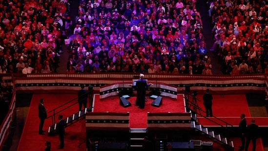 NEW YORK, NEW YORK - OCTOBER 27: Republican presidential nominee, former U.S. President Donald Trump speaks at a campaign rally at Madison Square Garden on October 27, 2024 in New York City. Trump closed out his weekend of campaigning in New York City with a guest list of speakers that includes his running mate Republican Vice Presidential nominee, U.S. Sen. J.D. Vance (R-OH), Tesla CEO Elon Musk, UFC CEO Dana White, and House Speaker Mike Johnson, among others, nine days before Election Day. Anna Moneymaker/Getty Images/AFP (Photo by Anna Moneymaker / GETTY IMAGES NORTH AMERICA / Getty Images via AFP)(Getty Images via AFP)