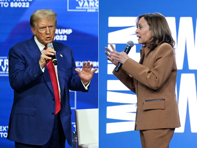 This combination of pictures created on October 26, 2024 shows former President Donald Trump in Oaks, Pennsylvania, on October 14, 2024 and Vice President and Democratic presidential candidate Kamala Harris in Kalamazoo, Michigan, October 26, 2024.