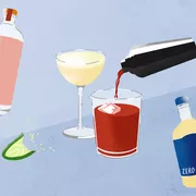 Illustration of various non-alcoholic bottles and cocktails being poured on blue background