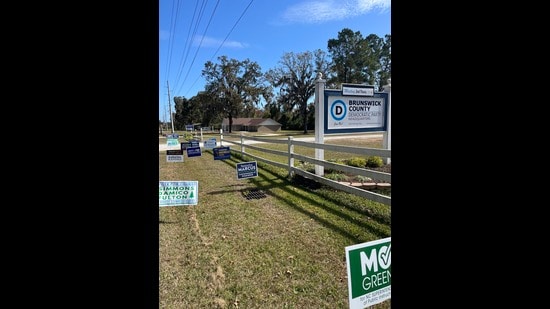 At the Brunswick county Democratic Party headquarters, signs of local candidates in the race  (HT)