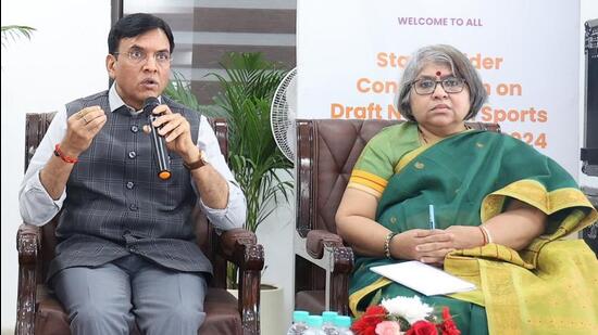 Sports Minister Mansukh Mandaviya and sports secretary Sujata Chaturvedi during the stakeholders consultation meeting on Draft National Sports Governance Bill. (SAI)