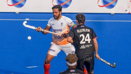 New Delhi: India's captain Harmanpreet Singh in action during the first men's hockey match of a two-match series between India and Germany, (PTI)