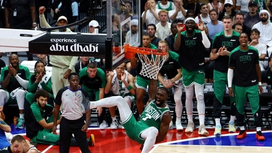 Boston Celtics' Jaylen Brown dunks the ball(REUTERS)