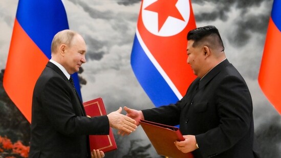 FILE - Russian President Vladimir Putin, left, and North Korea's leader Kim Jong Un exchange documents during a signing ceremony of the new partnership in Pyongyang, North Korea, on June 19, 2024. (Kristina Kormilitsyna, Sputnik, Kremlin Pool Photo via AP, File)