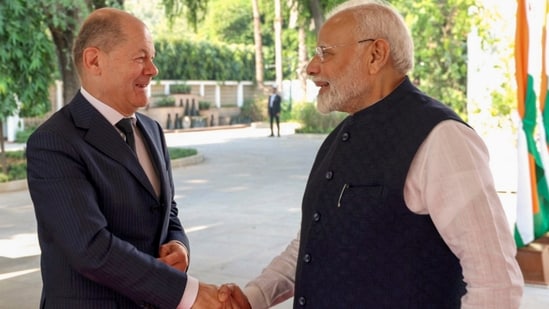 Prime Minister Narendra Modi with German Chancellor Olaf Scholz. (PTI)