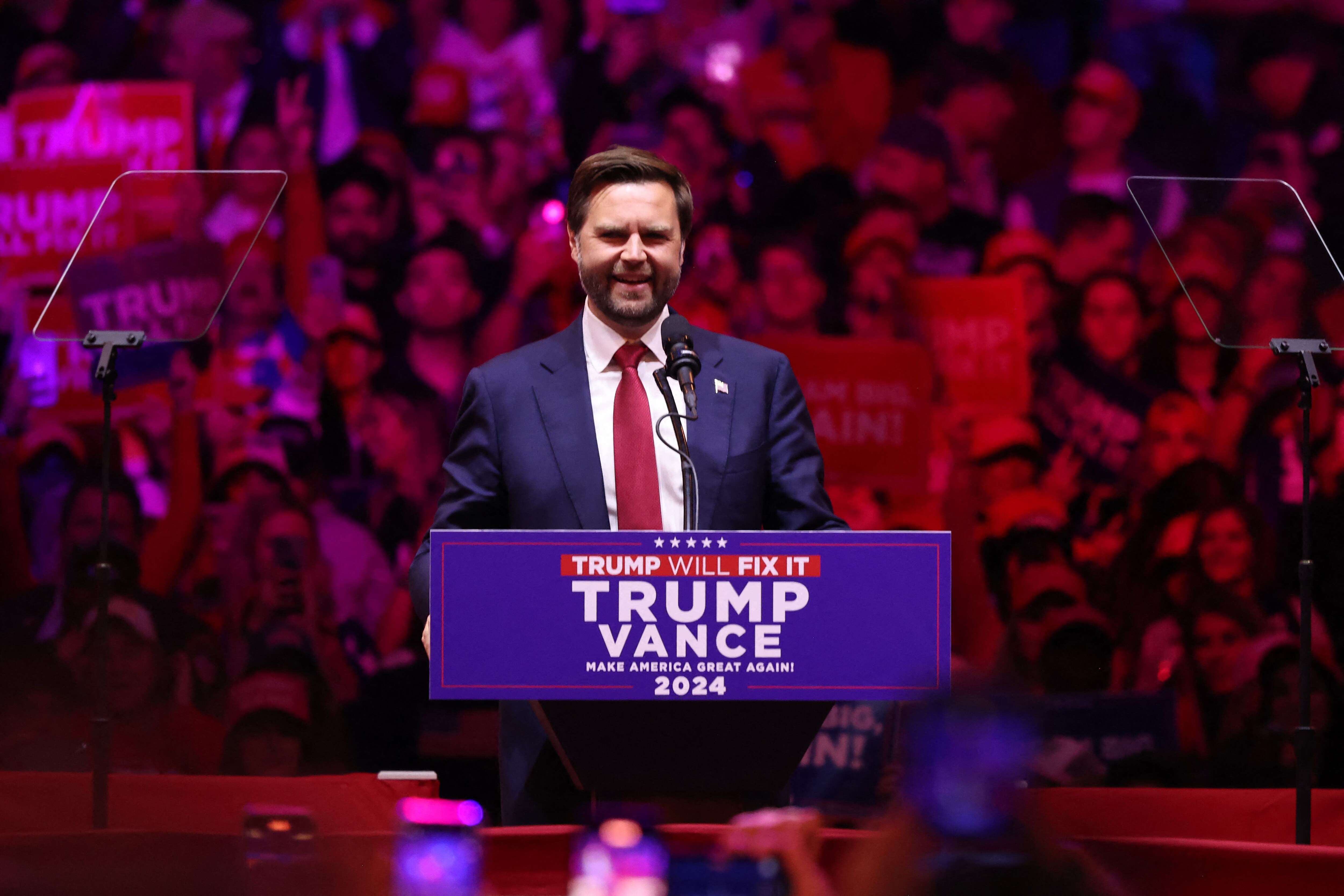 Republican Vice Presidential nominee, U.S. Sen. J.D. Vance (R-OH) speaks before Republican presidential nominee, former U.S. President Donald Trump takes the stage at a campaign rally at Madison Square Garden on October 27, 2024 in New York City. (Getty Images via AFP)