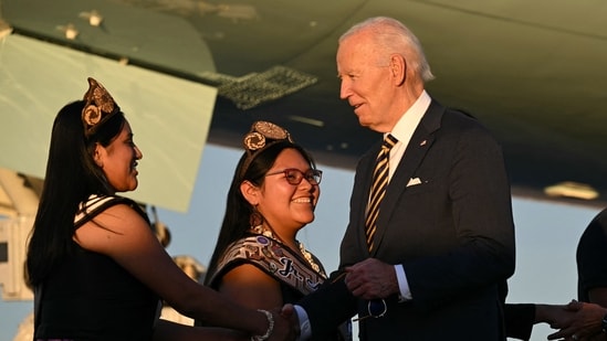 US President Joe Biden greets members of a Native American community upon arrival at Phoenix Sky Harbor International Airport in Phoenix, Arizona on October 24, 2024. (File image)(AFP)