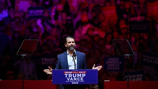 Donald Trump Jr. speaks at a campaign rally for former US President and Republican presidential candidate Donald Trump at Madison Square Garden in New York on October 27, 2024. (AFP)