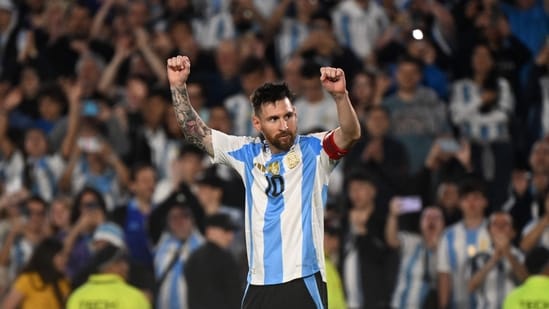 Lionel Messi celebrates after scoring during the 2026 FIFA World Cup South American qualifiers football match between Argentina and Bolivia.(AFP)