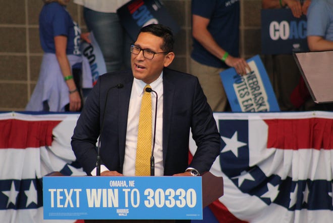 Nebraska state Sen. Tony Vargas, the Democratic candidate in the state's race for the 2nd District's U.S. House seat, speaks to attendees at a rally for Democratic vice presidential candidate and Minnesota Gov. Tim Walz in Papillion, Neb. on Oct. 19, 2024.