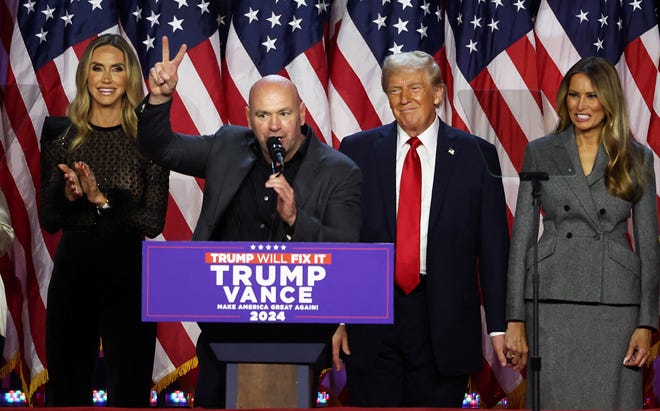 Dana White speaks next to Republican presidential nominee former U.S. President Donald Trump during his rally for the 2024 U.S. Presidential Election, in Palm Beach County Convention Center, in West Palm Beach, Florida, U.S., November 6, 2024. REUTERS/Brendan Mcdermid