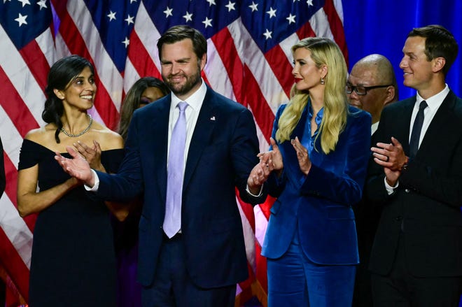 Vice President-elect JD Vance and his wife Usha Vance, Ivanka Trump and her husband Jared Kushner atttend an election night event for former President and Republican presidential candidate Donald Trump at the West Palm Beach Convention Center in West Palm Beach, Fla., early on Nov. 6, 2024.