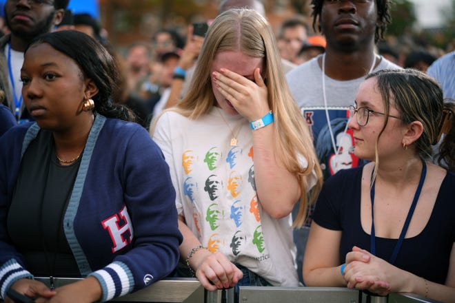 Vice President Kamala Harris concedes the election during a speech at Howard University on November 06, 2024 in Washington, DC.