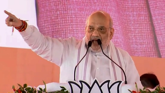 Amit Shah addresses a public meeting for the Jharkhand assembly election in Jharia, Jharkhand. (PTI)