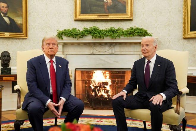 U.S. President Joe Biden meets with President-elect Donald Trump in the Oval Office at the White House in Washington, U.S., November 13, 2024. REUTERS/Kevin Lamarque