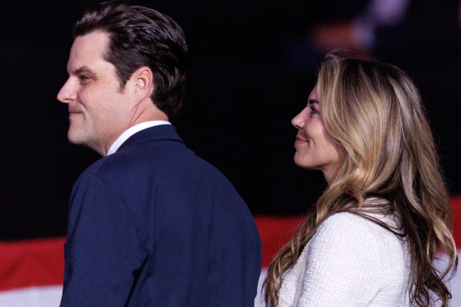 Republican U.S. Representative Matt Gaetz and his wife Ginger Luckey Gaetz attend a campaign rally for Republican presidential nominee and former U.S. President Donald Trump in Henderson, Nevada on October 31, 2024.