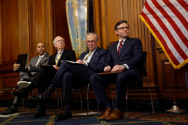 U.S. House Minority Leader Hakeem Jeffries (D-NY), U.S. Senate Minority Leader Mitch McConnell (R-KY), U.S. Senate Majority Leader Chuck Schumer (D-NY) and U.S. Speaker of the House Mike Johnson (R-LA) listen during during remarks at the U.S. Capitol Building.