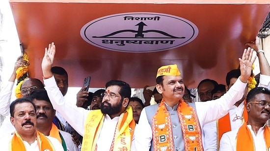 Maharashtra chief minister and Shiv Sena Kopri Pachapakkhadi assembly constituency candidate Eknath Shinde accompanied by state deputy CM Devendra Fadnavis and others in Thane. (Eknath Shinde-X)