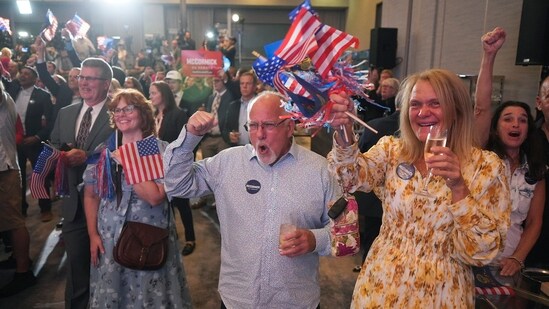 People dance during an election night watch party for Republican Pennsylvania Senate candidate David McCormick, Tuesday, Nov. 5, 2024, in Pittsburgh.(AP)