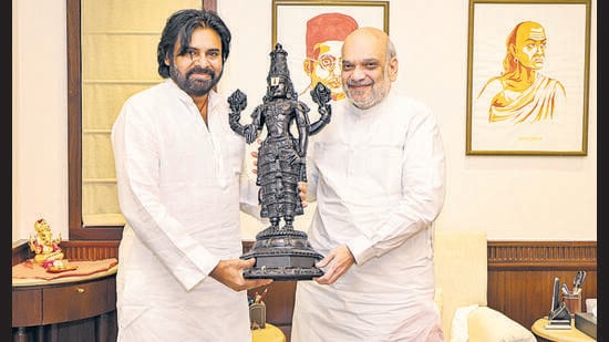 Andhra Pradesh deputy CM Pawan Kalyan meets Union home minister Amit Shah in New Delhi on Wednesday. (PTI)