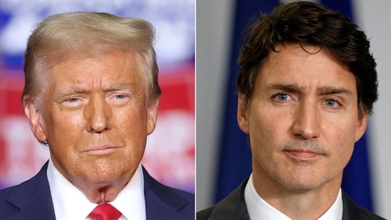 Donald Trump (L) and Canadian Prime Minister Justin Trudeau arrived in Palm Beach, Florida, on November 30, 2024. (Photo by CHARLY TRIBALLEAU and Ludovic MARIN / AFP)(AFP)