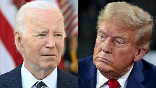 US President Joe Biden (L) addresses the nation from the Rose Garden of the White House in Washington, DC, November 7, 2024, after Donald Trump wins presidential election, and former US President and Republican presidential candidate Donald Trump (R) attends a town hall meeting moderated by Arkansas Governor Sarah Huckabee Sanders at the Dort Financial Center in Flint, Michigan, on September 17, 2024. (AFP)