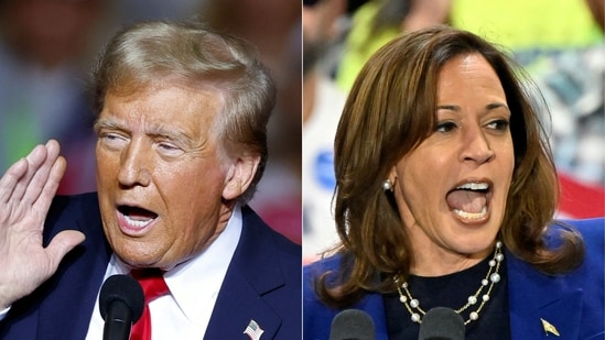 (COMBO) This combination of pictures created on November 02, 2024 shows Former US President and Republican presidential candidate Donald Trump (L) gestures as he speaks at a campaign rally at the Fiserv Forum in Milwaukee, Wisconsin, November 1, 2024, and US Vice President and Democratic presidential candidate Kamala Harris (R) speaks during a campaign rally at the Craig Ranch Amphitheater in Las Vegas, Nevada, on October 31, 2024.. (Photo by KAMIL KRZACZYNSKI and David Becker / AFP)(AFP)