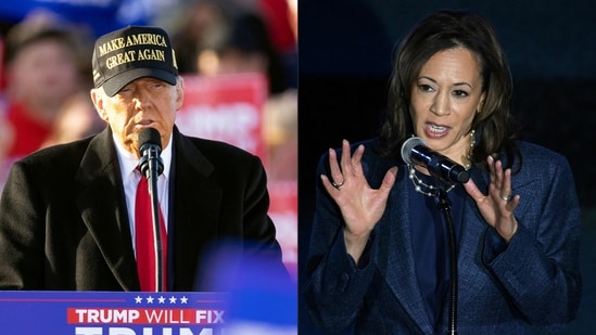  This combination of pictures created on November 03, 2024 shows, L-R, former US President Republican presidential candidate Donald Trump speaking during a campaign rally in Kinston, North Carolina, on November 3, 2024 and US Vice President and Democratic presidential nominee Kamala Harris speaking during a service at Greater Emmanuel Institutional Church of God in Christ in Detroit, Michigan, on November 3, 2024. (Photo by Ryan M. Kelly and ROBERTO SCHMIDT / AFP)(AFP)