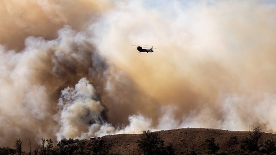 CORRECTION / TOPSHOT - A fire helicopter flies toward the Mountain Fire�s plume as it scorches acres, the wildfire fueled by strong Santa Ana winds, in Moorpark, California, on November 7, 2024. Thousands of people were urged to flee an out-of-control wildfire burning around communities near Los Angeles on November 7, with scores of homes already lost to the fast-moving flames. Fierce seasonal winds had cast embers up to three miles (five kilometers) from the seat of the fire around Camarillo, with new spots burning on hillsides, farmland and in residential areas. (AFP)