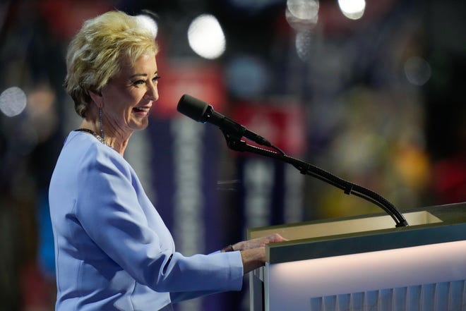 Linda McMahon speaks during the final day of the Republican National Convention.