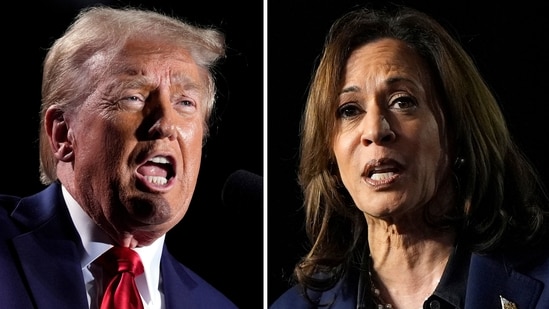 This combination of file photos shows Republican presidential nominee former President Donald Trump, left, speaking at a campaign rally, Oct. 18, 2024, in Detroit, and Democratic presidential nominee Vice President Kamala Harris, right, speaking at a campaign rally in Green Bay, Wis., Oct. 17, 2024. (AP Photo)(AP)