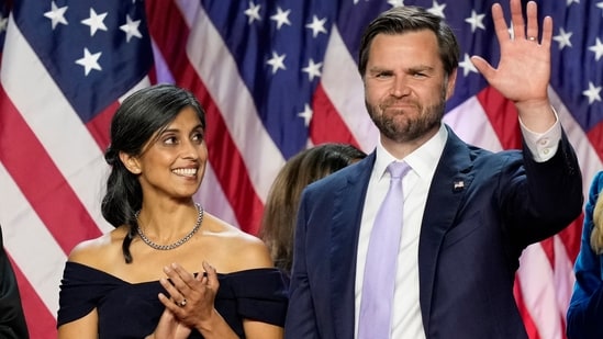 Republican vice presidential nominee Sen. JD Vance, R-Ohio, waves as his wife Usha Vance looks on at an election night watch party, Wednesday, Nov. 6, 2024, in West Palm Beach, Fla. (AP)