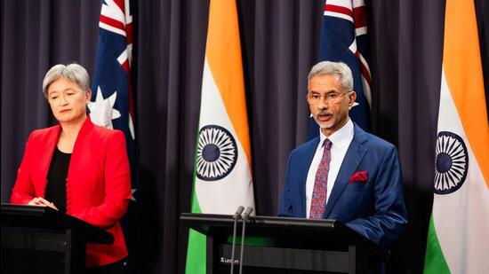 External affairs minister S Jaishankar with Australian foreign minister Penny Wong during the 15th India - Australia Foreign Ministers’ Framework Dialogue in Canberra, Australia, on Tuesday. (PTI)