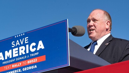 (FILES) Tom Homan, former Acting Director of US Immigration and and Customs Enforcement speaks to supporters of former US President Donald Trump during a rally at the Banks County Dragway on March 26, 2022 in Commerce, Georgia. President-elect Donald Trump said late on November 10, 2024(AFP)