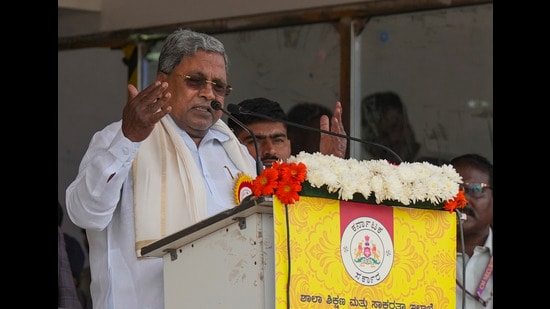 Karnataka Chief Minister Siddaramaiah addresses the celebrations of Karnataka state formation day 'Kannada Rajyotsava', at Sree Kanteerava Stadium, in Bengaluru on Friday. (PTI)