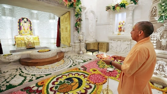 Uttar Pradesh chief minister Yogi Adityanath offers prayer at the Ram Temple in Ayodhya. (PTI Photo) (PTI)