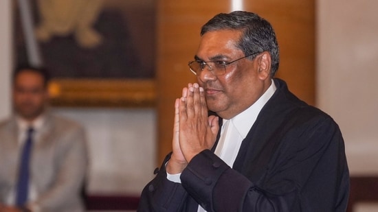 Justice Sanjiv Khanna after he was sworn-in as the 51st Chief Justice of India during a ceremony at the Rashtrapati Bhavan, in New Delhi, Monday, Nov. 11, 2024.(PTI)