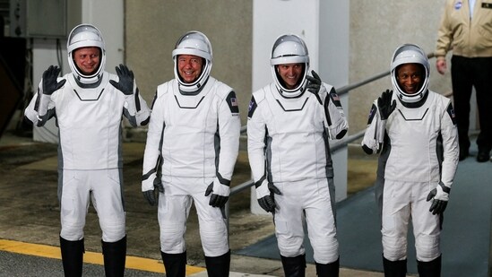 NASA's SpaceX Crew-8 astronauts Matthew Dominick, Michael Barratt, and Jeanette Epps, and Roscosmos cosmonaut Alexander Grebenkin, depart their crew quarters for the launch pad before their mission to the International Space Station, aboard a SpaceX Falcon 9 rocket from the Kennedy Space Center in Cape Canaveral, Florida, U.S., March 3, 2024. (REUTERS / Joe Skipper)