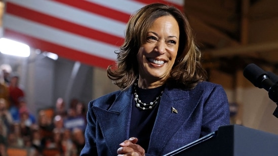 US Vice President and Democratic presidential nominee Kamala Harris smiles during a campaign rally at Michigan State University's Jenison Field House in East Lansing, Michigan, on November 3, 2024. (AFP)