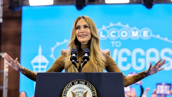 Jennifer Lopez speaks at a "When We Vote We Win" campaign rally for Democratic presidential nominee and U.S. Vice President Kamala Harris at Craig Ranch Amphitheater on October 31, 2024 in North Las Vegas, Nevada. (Photo by Ethan Miller / GETTY IMAGES NORTH AMERICA / Getty Images via AFP)(Getty Images via AFP)