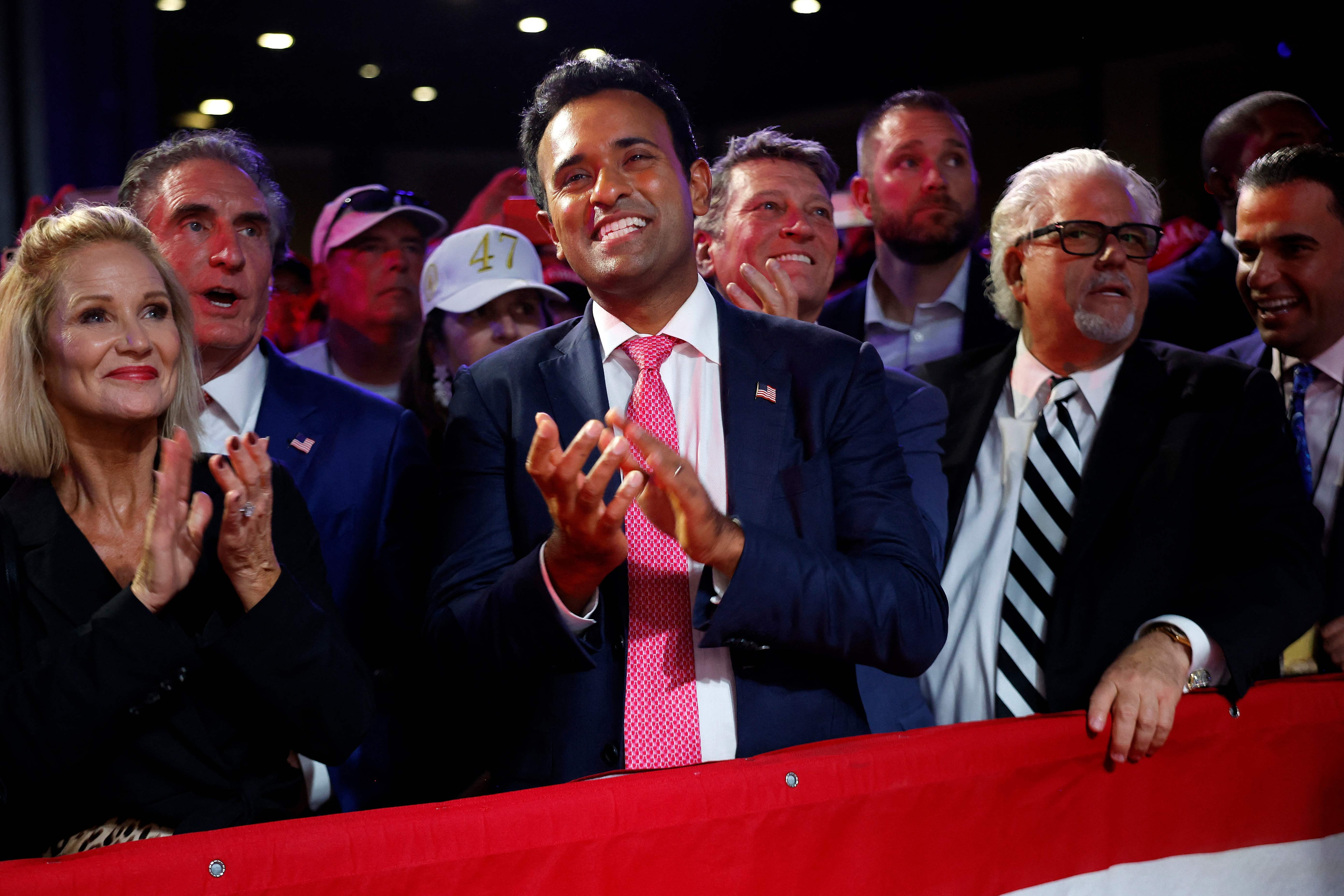 Vivek Ramaswamy (C) joins other supporters for an election night party with Republican presidential nominee, former U.S. President Donald Trump at the Palm Beach Convention Center on November 06, 2024 in West Palm Beach, Florida.(Getty Images via AFP)