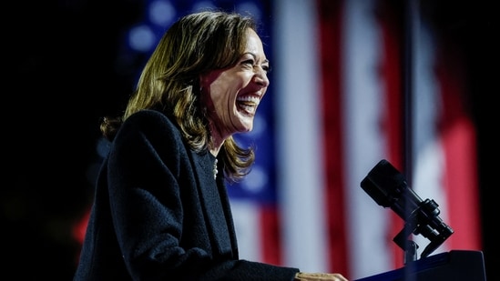 Democratic presidential nominee Kamala Harris laughs during a campaign rally in Philadelphia.(Reuters)