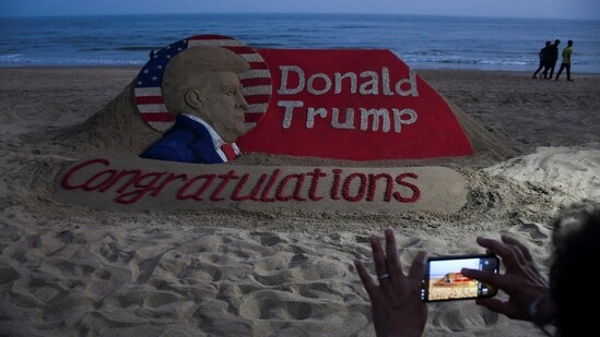 A view of a sand sculpture depicting Republican Donald Trump after he won the U.S. presidential election.(Reuters)