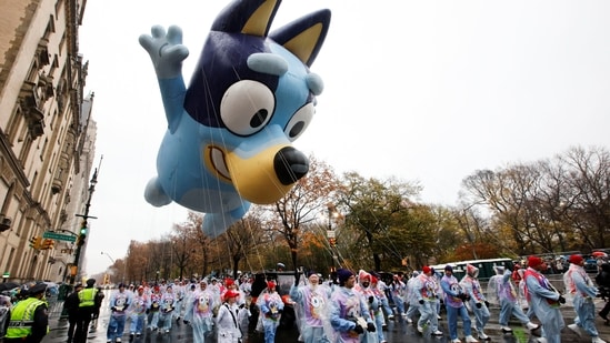 The Bluey balloon flies during the 98th Macy's Thanksgiving Day Parade in New York City.(REUTERS)