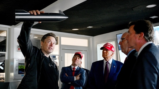 Elon Musk gives a tour to U.S. President-elect Donald Trump and lawmakers of the control room before the launch of the sixth test flight of the SpaceX Starship rocket, in Brownsville, Texas, U.S., November 19, 2024 . (Brandon Bell/Pool via REUTERS)