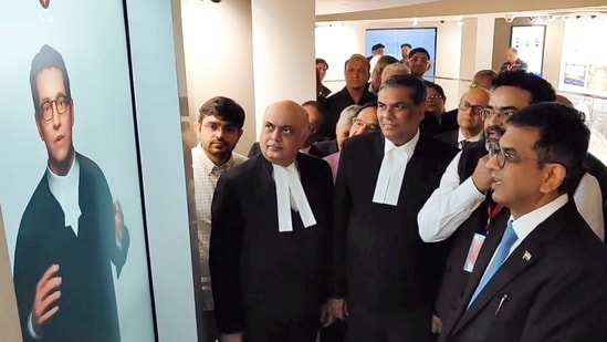 CJI Chandrachud interacts with an AI lawyer at the NJMA on the Supreme Court premises. (PTI)